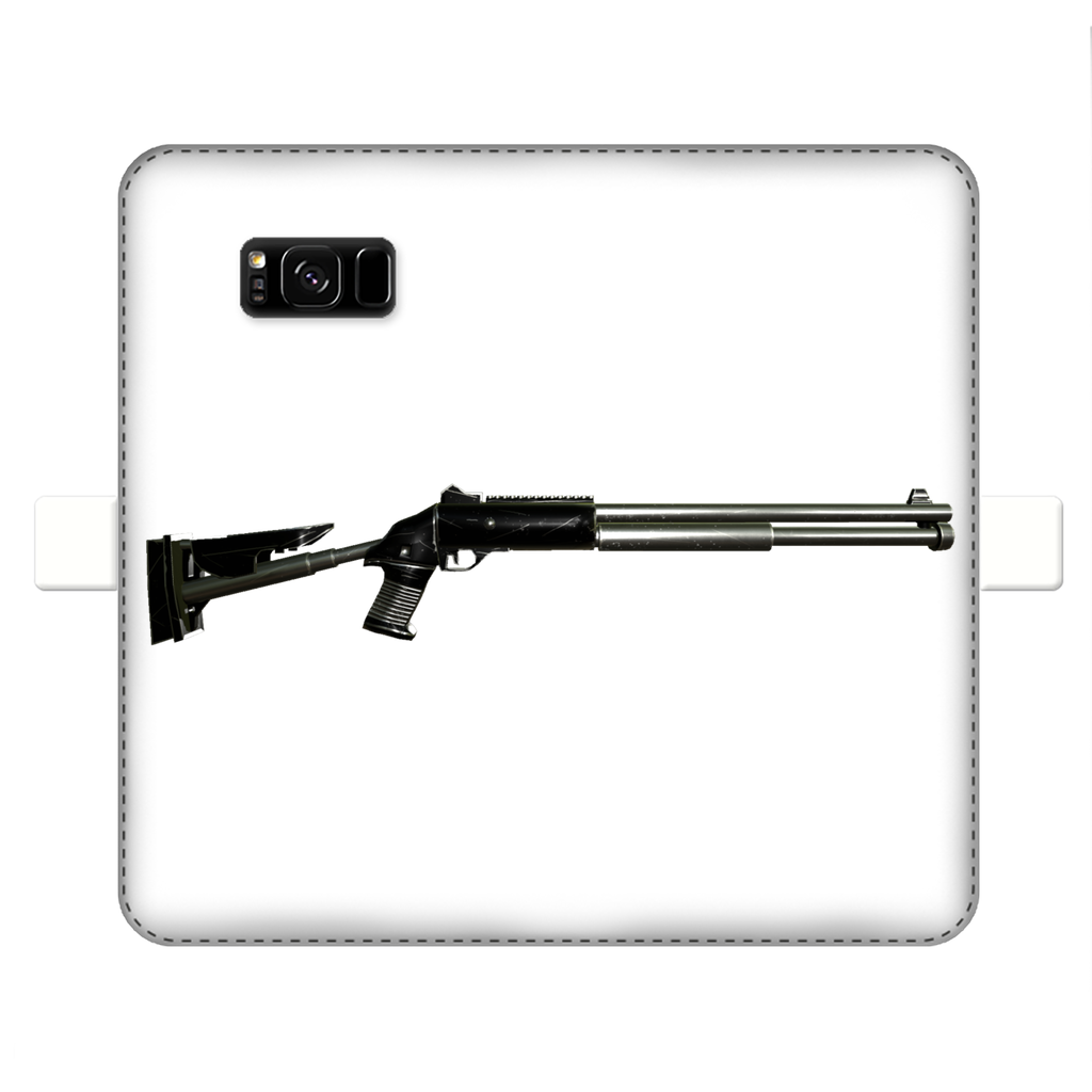 Shotgun Fully Printed Wallet Case featuring vibrant UV-printed designs, magnetic closure, and faux leather material, suitable for iPhone and Samsung models.