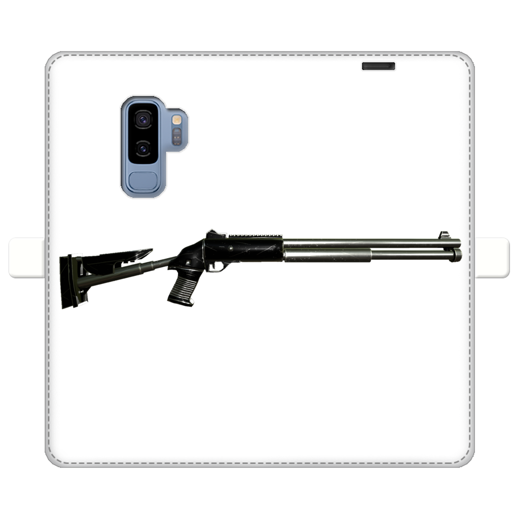 Shotgun Fully Printed Wallet Case featuring vibrant UV-printed designs, magnetic closure, and faux leather material, suitable for iPhone and Samsung models.