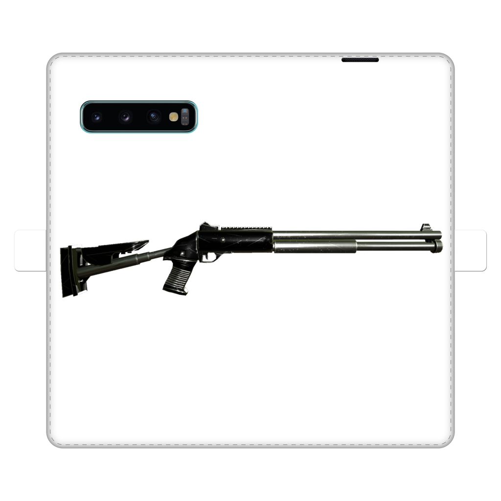 Shotgun Fully Printed Wallet Case featuring vibrant UV-printed designs, magnetic closure, and faux leather material, suitable for iPhone and Samsung models.