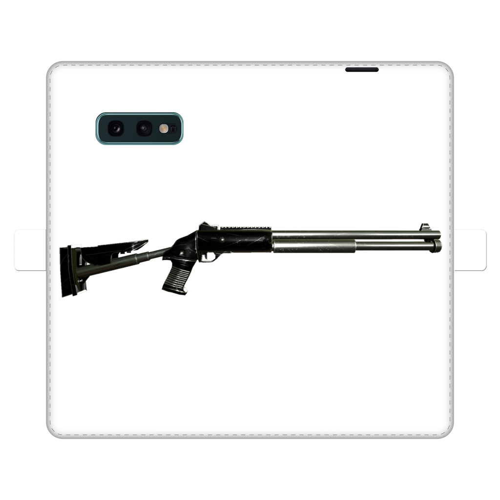 Shotgun Fully Printed Wallet Case featuring vibrant UV-printed designs, magnetic closure, and faux leather material, suitable for iPhone and Samsung models.