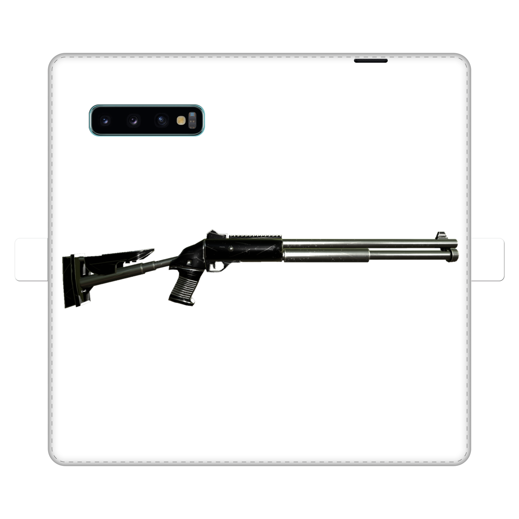 Shotgun Fully Printed Wallet Case featuring vibrant UV-printed designs, magnetic closure, and faux leather material, suitable for iPhone and Samsung models.