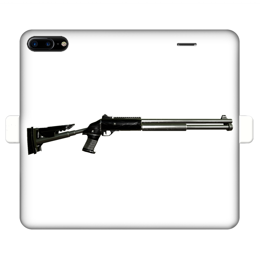 Shotgun Fully Printed Wallet Case featuring vibrant UV-printed designs, magnetic closure, and faux leather material, suitable for iPhone and Samsung models.