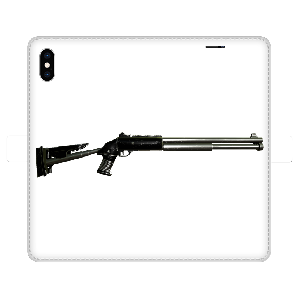 Shotgun Fully Printed Wallet Case featuring vibrant UV-printed designs, magnetic closure, and faux leather material, suitable for iPhone and Samsung models.