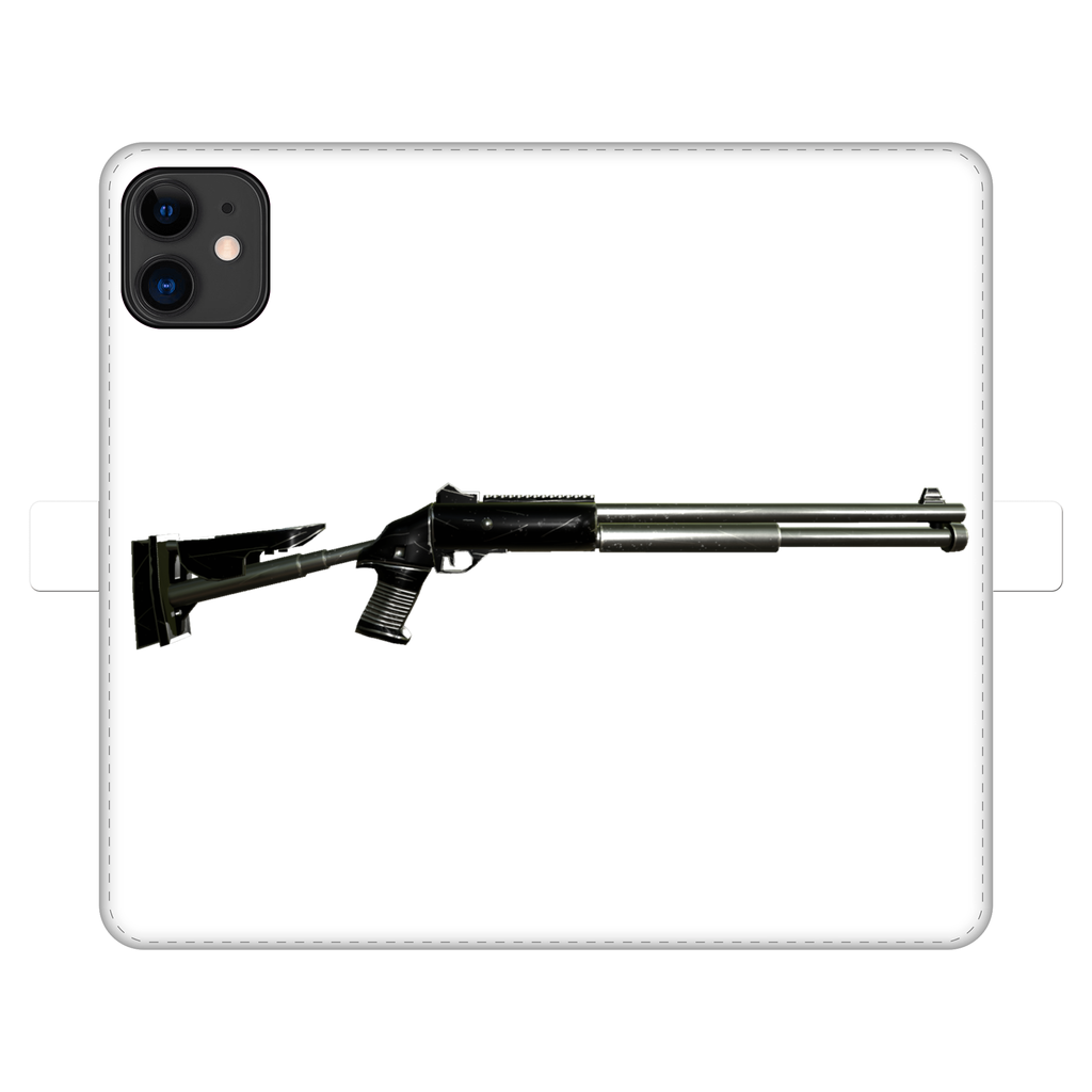 Shotgun Fully Printed Wallet Case featuring vibrant UV-printed designs, magnetic closure, and faux leather material, suitable for iPhone and Samsung models.