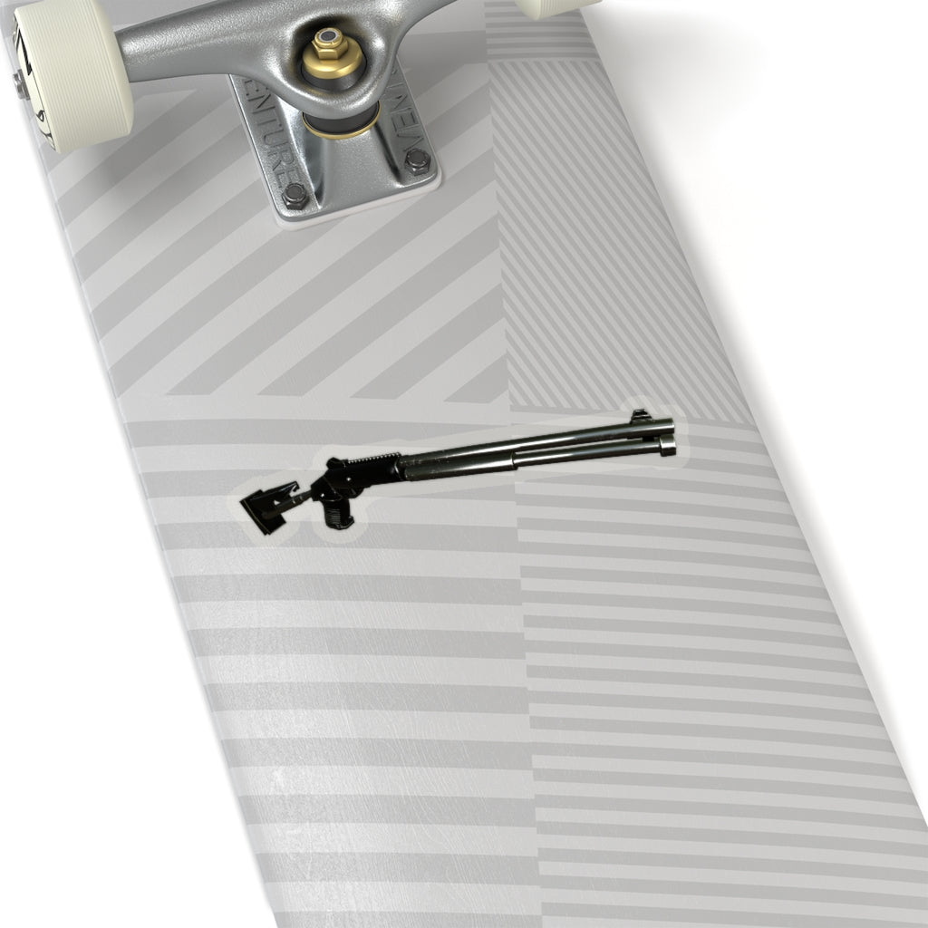 A collection of Shotgun Kiss-Cut Stickers in various shapes and sizes, showcasing white and transparent options with vibrant designs.