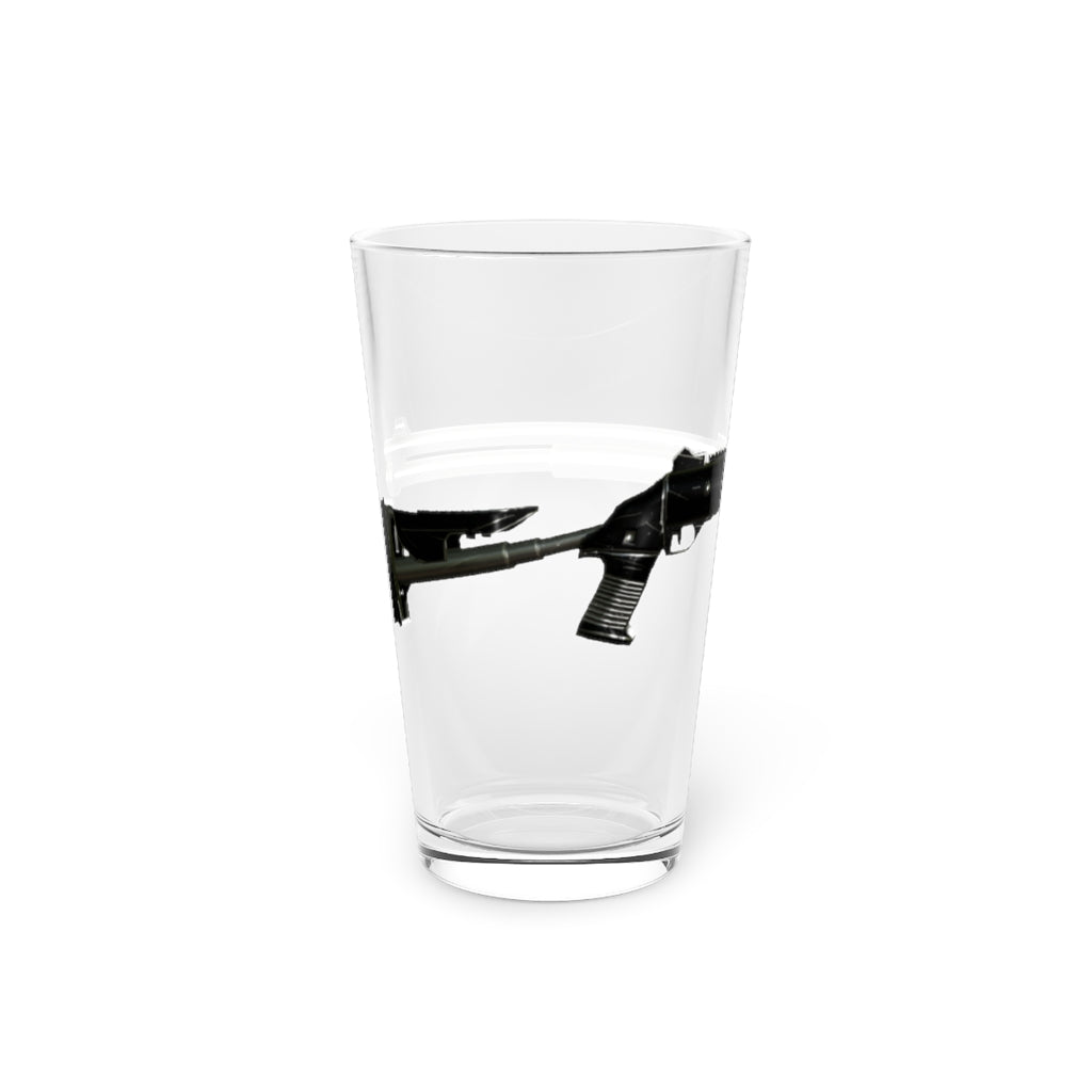 A clear 16oz Shotgun Pint Glass showcasing its elegant design, perfect for personalization and various beverages.