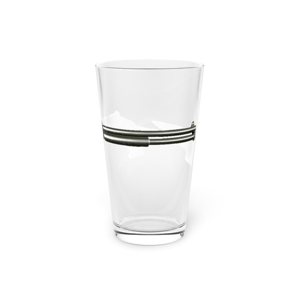 A clear 16oz Shotgun Pint Glass showcasing its elegant design, perfect for personalization and various beverages.