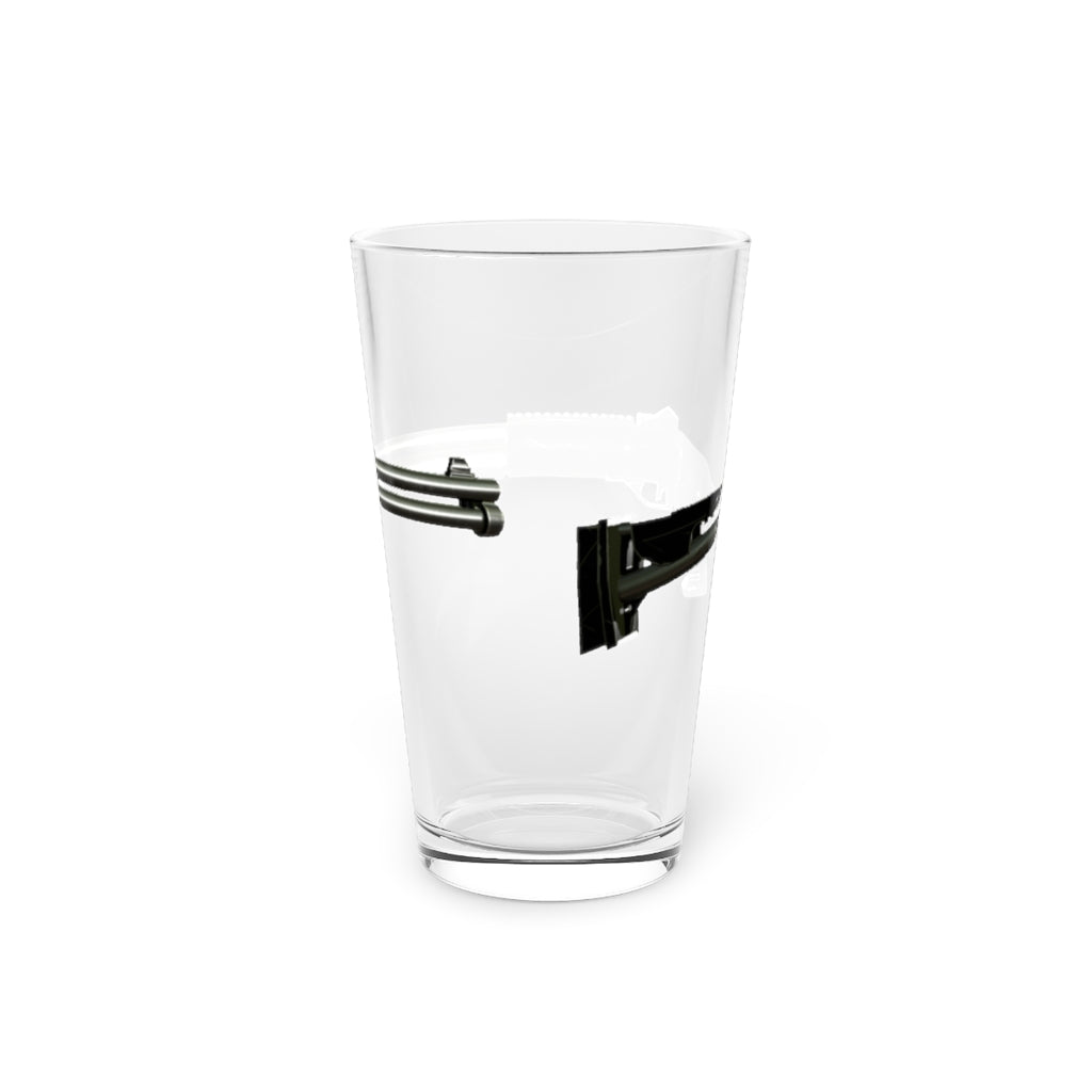 A clear 16oz Shotgun Pint Glass showcasing its elegant design, perfect for personalization and various beverages.