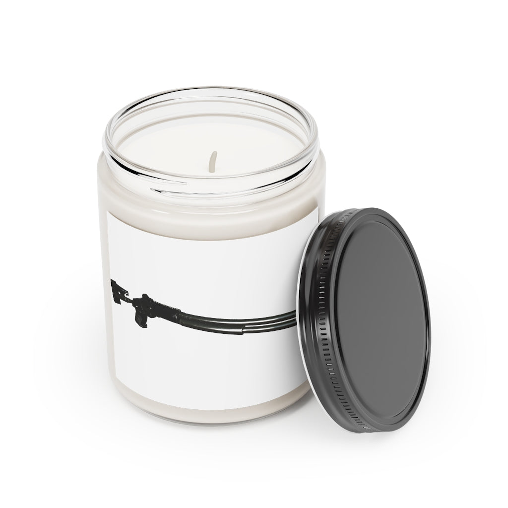 Shotgun Scented Candle in a glass container, featuring a permanent adhesive label, showcasing its warm Cinnamon Stick and Vanilla fragrances.