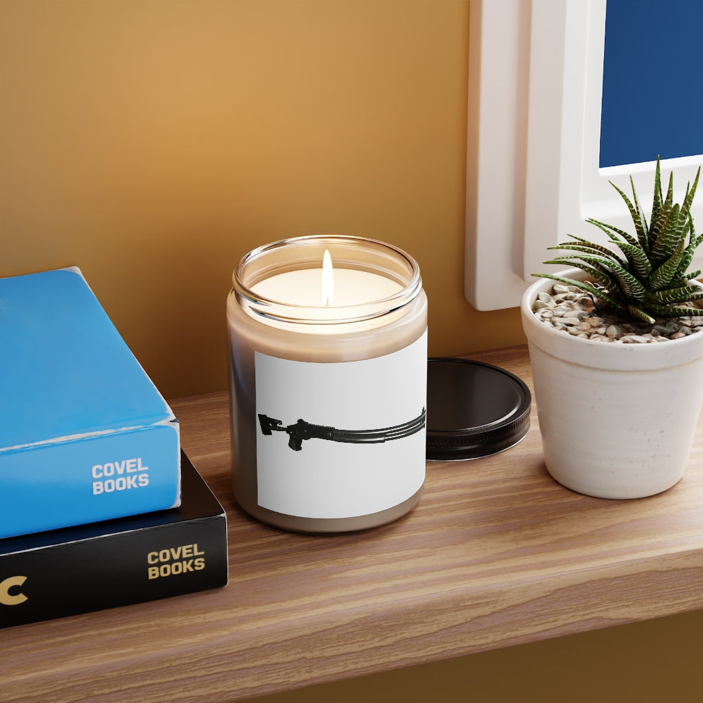 Shotgun Scented Candle in a glass container, featuring a permanent adhesive label, showcasing its warm Cinnamon Stick and Vanilla fragrances.