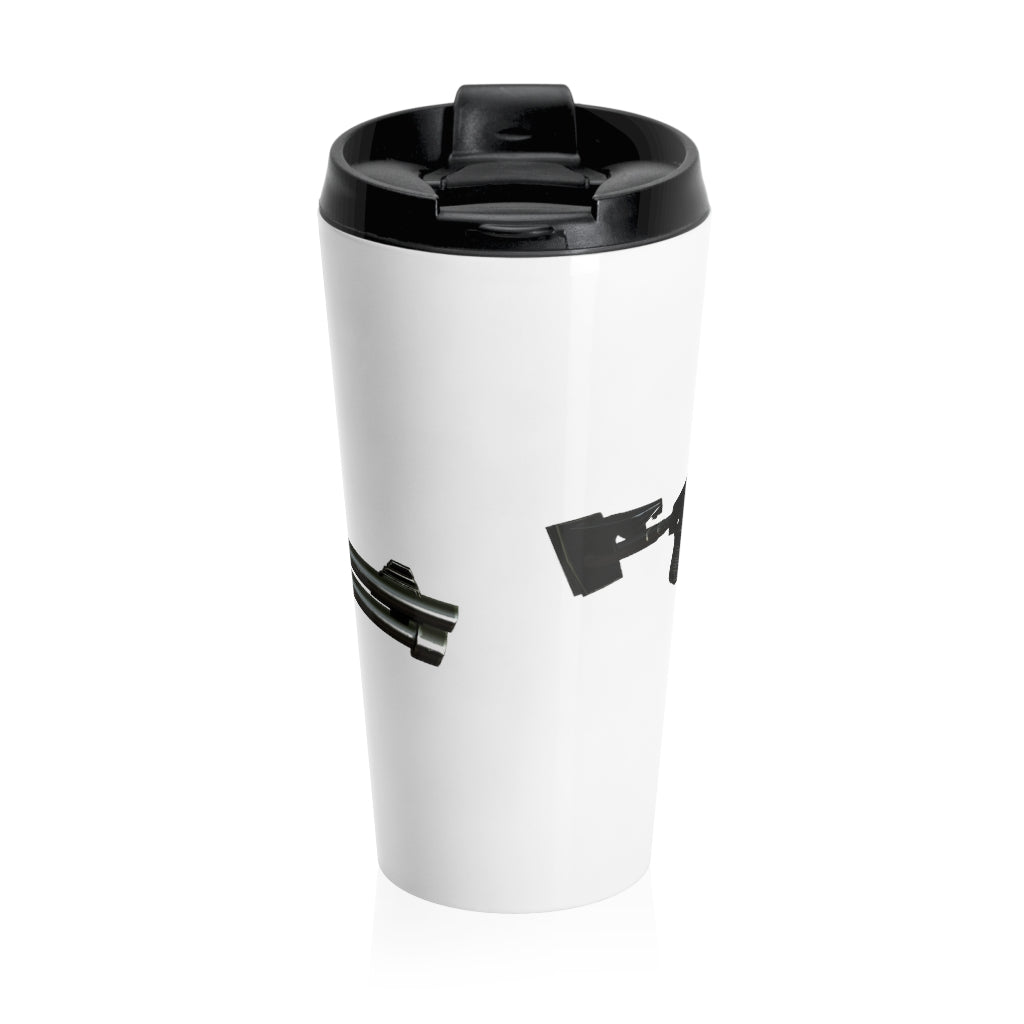 Shotgun Stainless Steel Travel Mug with black plastic lid, showcasing its sleek design and vibrant sublimation printing.