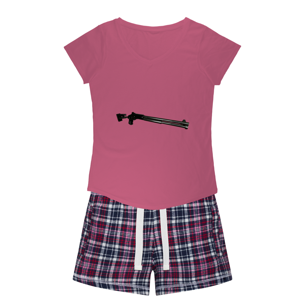 Shotgun Women's Sleepy Tee and Flannel Short set featuring a relaxed fit T-shirt and vibrant flannel shorts, perfect for cozy nights.