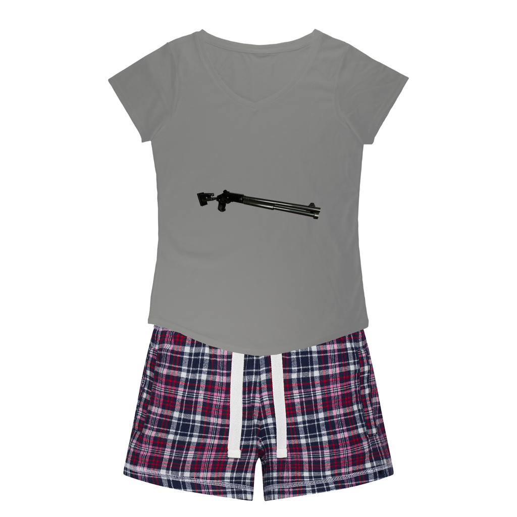 Shotgun Women's Sleepy Tee and Flannel Short set featuring a relaxed fit T-shirt and vibrant flannel shorts, perfect for cozy nights.