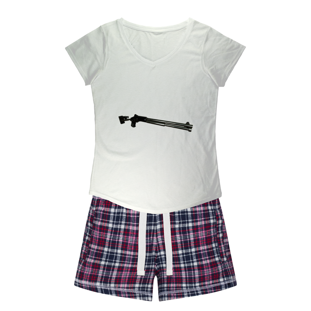 Shotgun Women's Sleepy Tee and Flannel Short set featuring a relaxed fit T-shirt and vibrant flannel shorts, perfect for cozy nights.