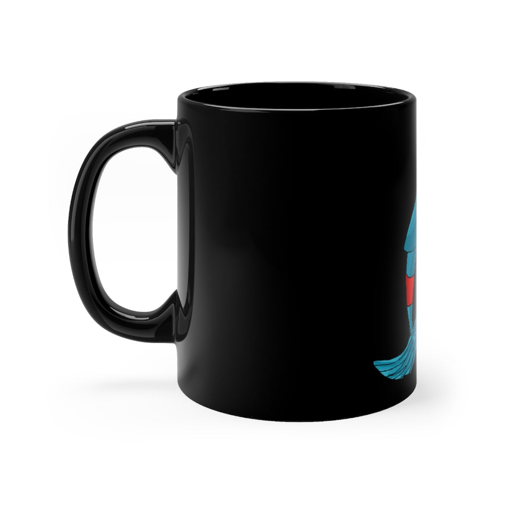 Shrei Black Mug 11oz with rounded corners and C-handle, showcasing a sleek black ceramic design.