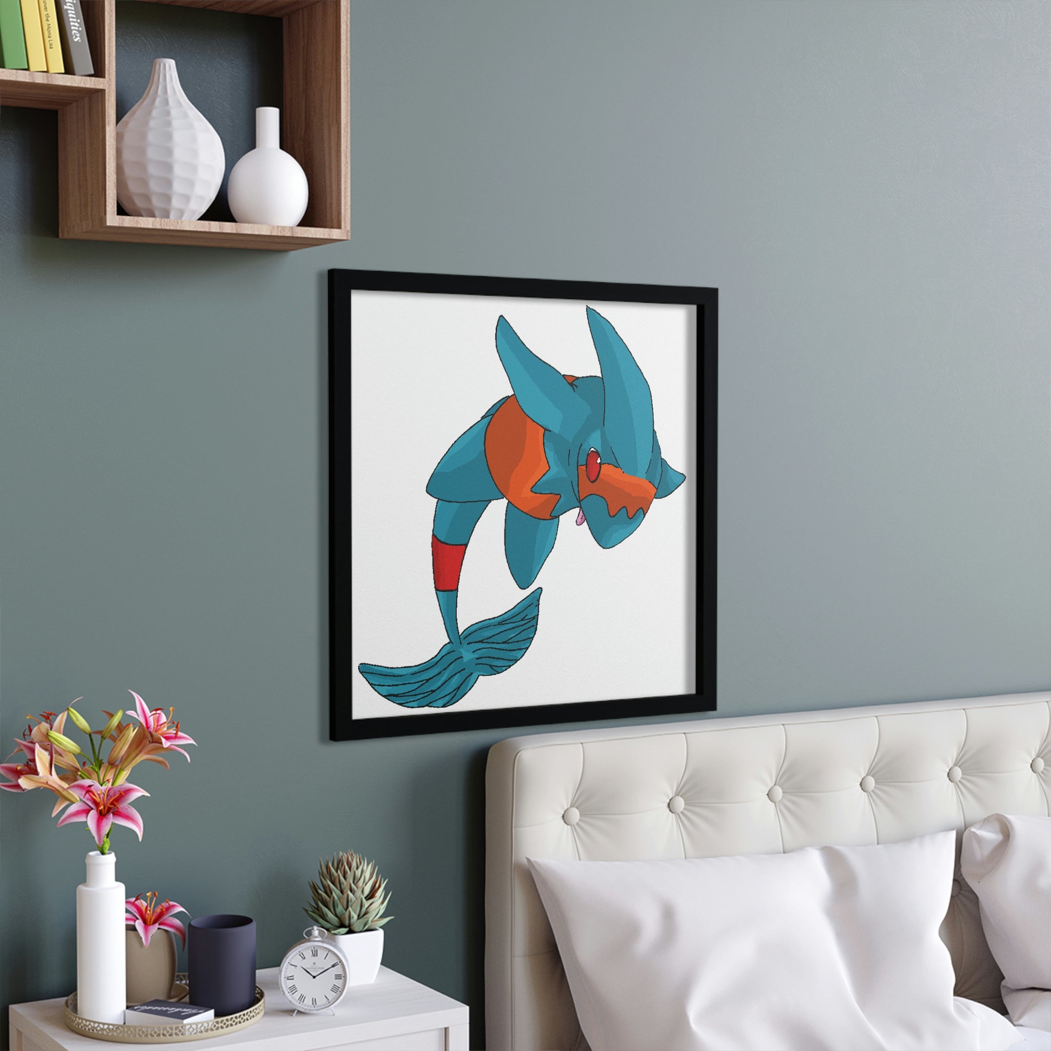 Shrei Framed Poster featuring a hand-crafted wooden frame with a vibrant custom design, ready for hanging.