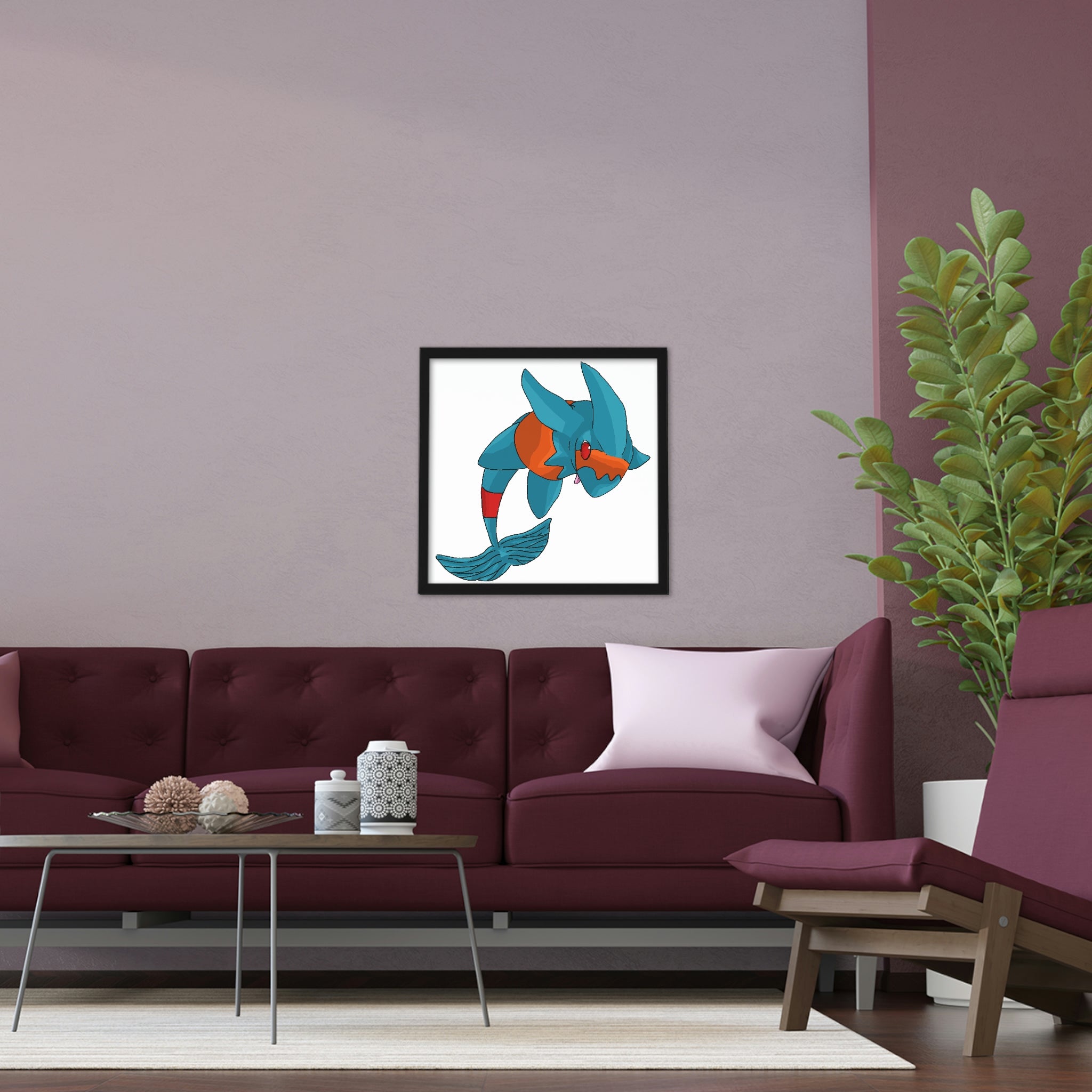 Shrei Framed Poster featuring a hand-crafted wooden frame with a vibrant custom design, ready for hanging.