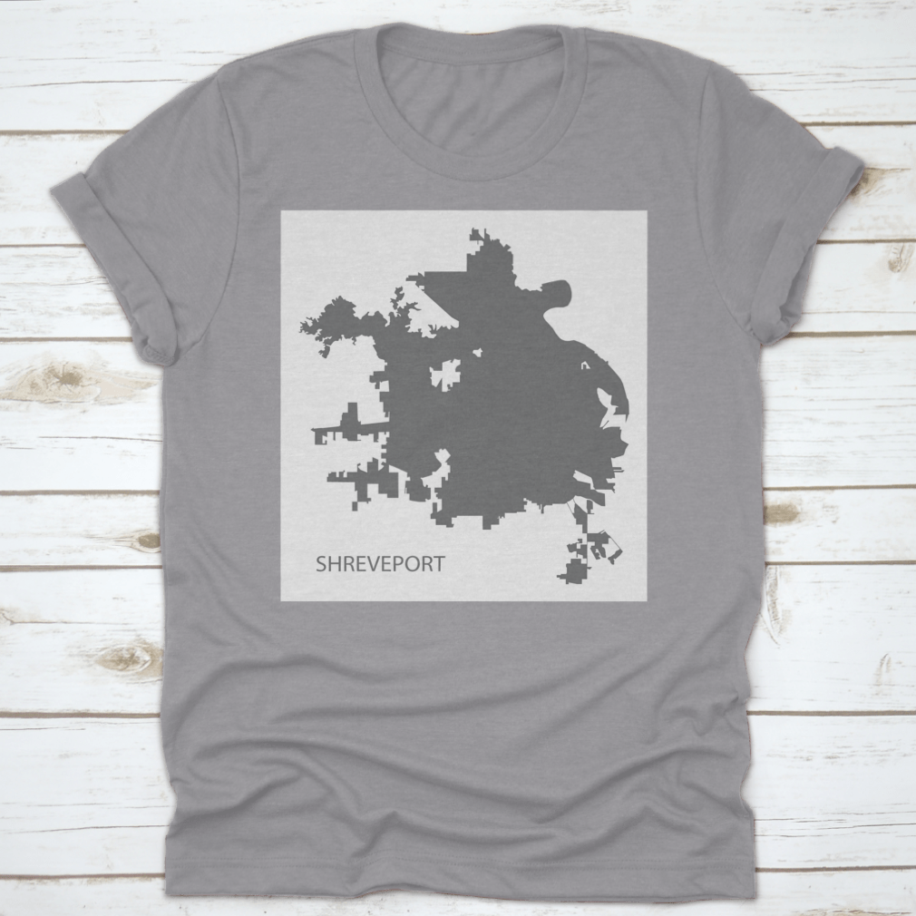 Grey silhouette illustration of Shreveport, Louisiana city map, showcasing its unique shape and design.