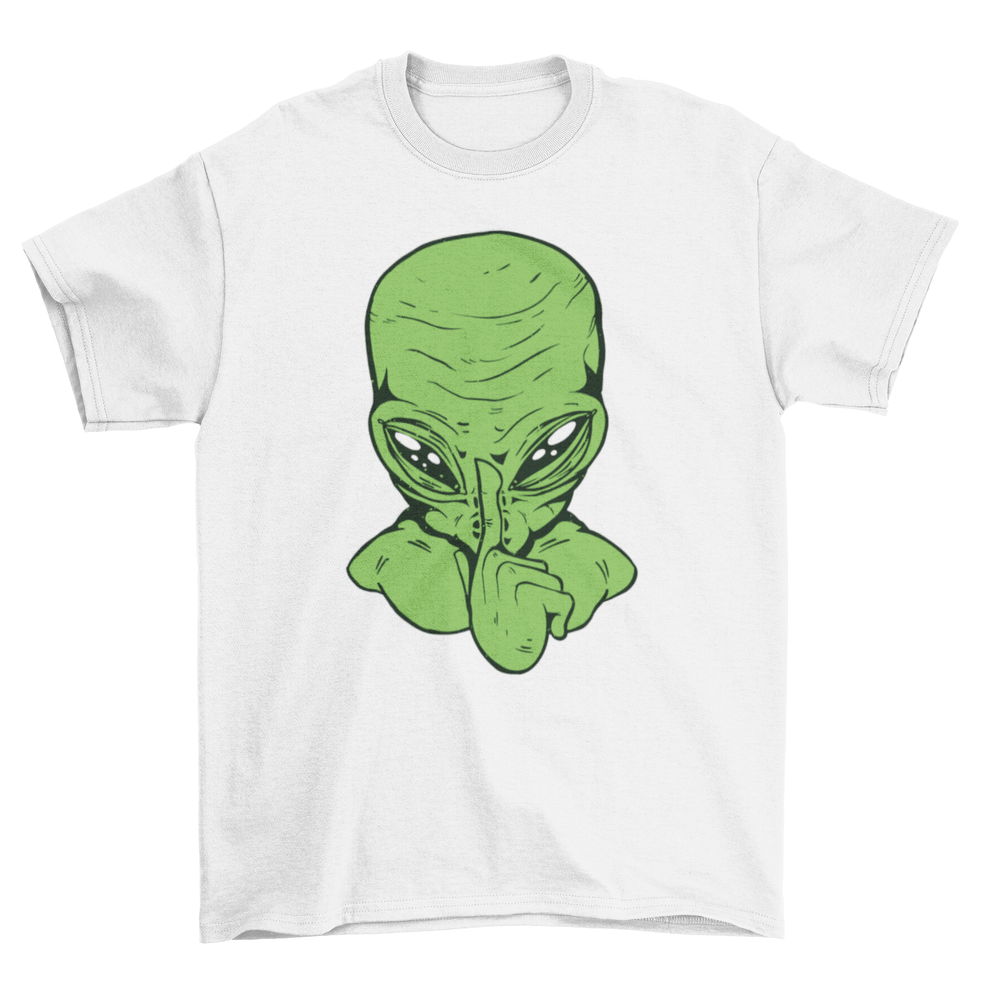 A stylish t-shirt featuring a whimsical alien design with a finger to its lips, indicating silence.