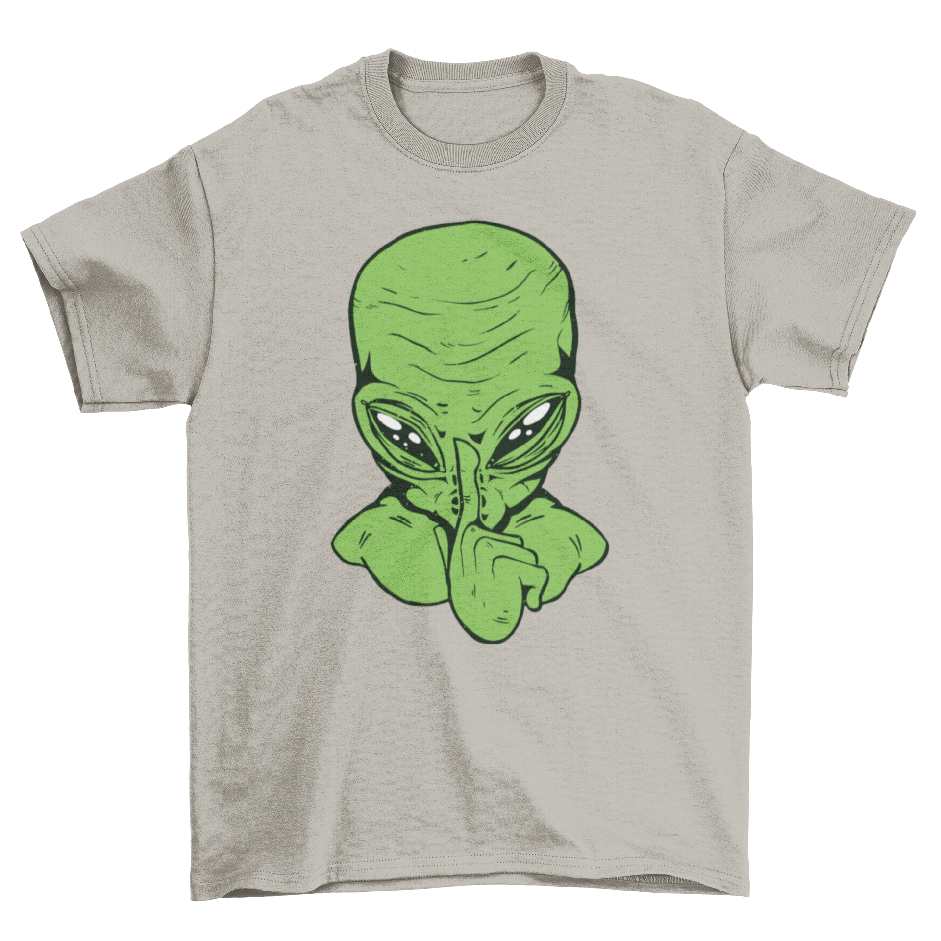 A stylish t-shirt featuring a whimsical alien design with a finger to its lips, indicating silence.