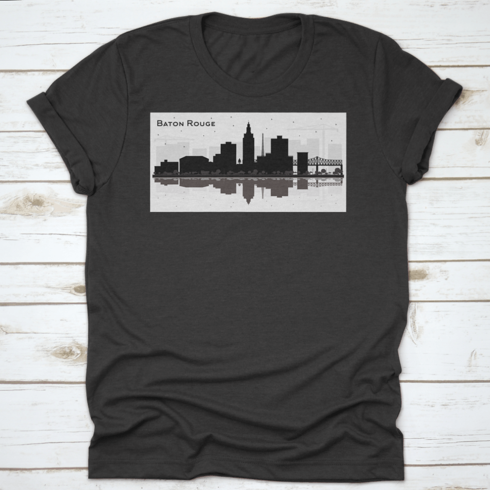 Silhouette design of Baton Rouge city skyline on a cotton t-shirt, showcasing iconic buildings and structures.