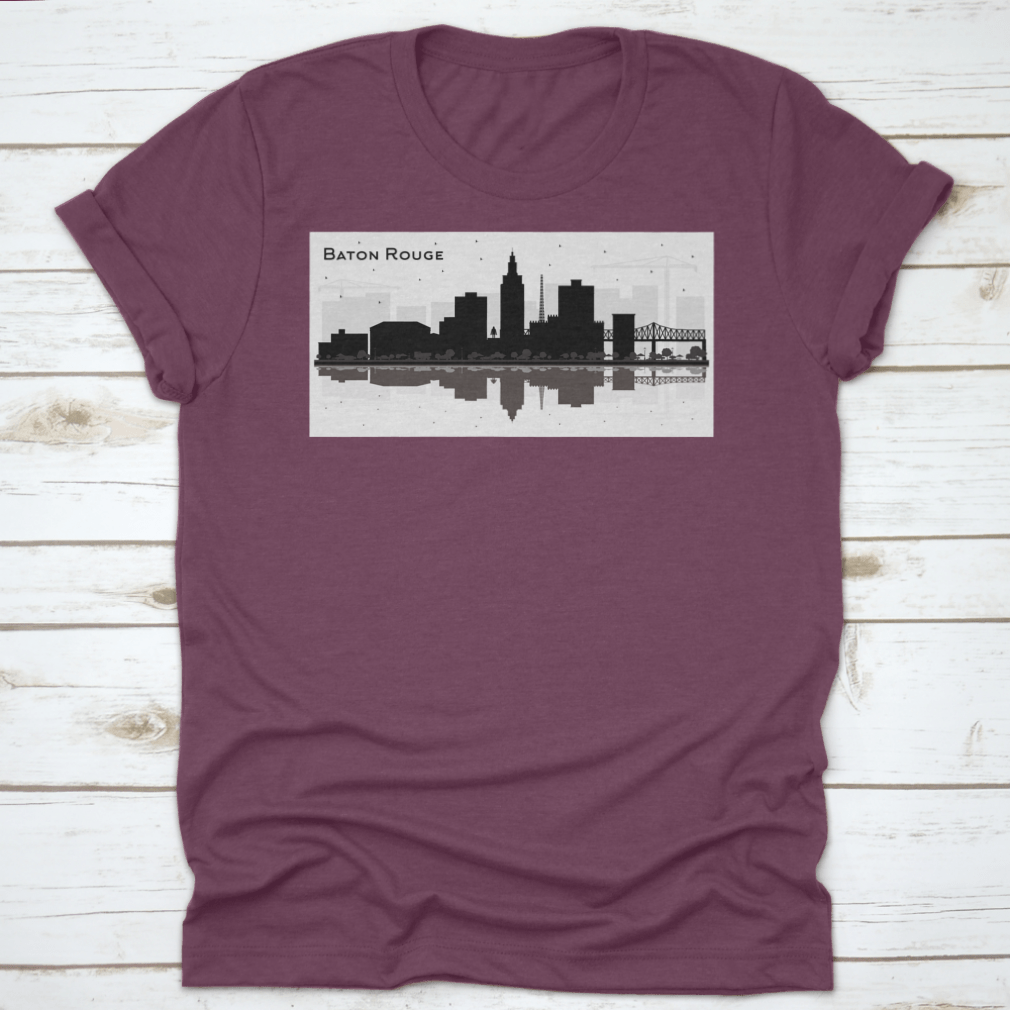 Silhouette design of Baton Rouge city skyline on a cotton t-shirt, showcasing iconic buildings and structures.
