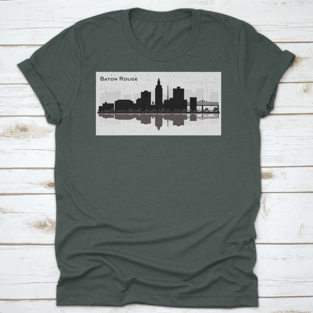 Silhouette design of Baton Rouge city skyline on a cotton t-shirt, showcasing iconic buildings and structures.
