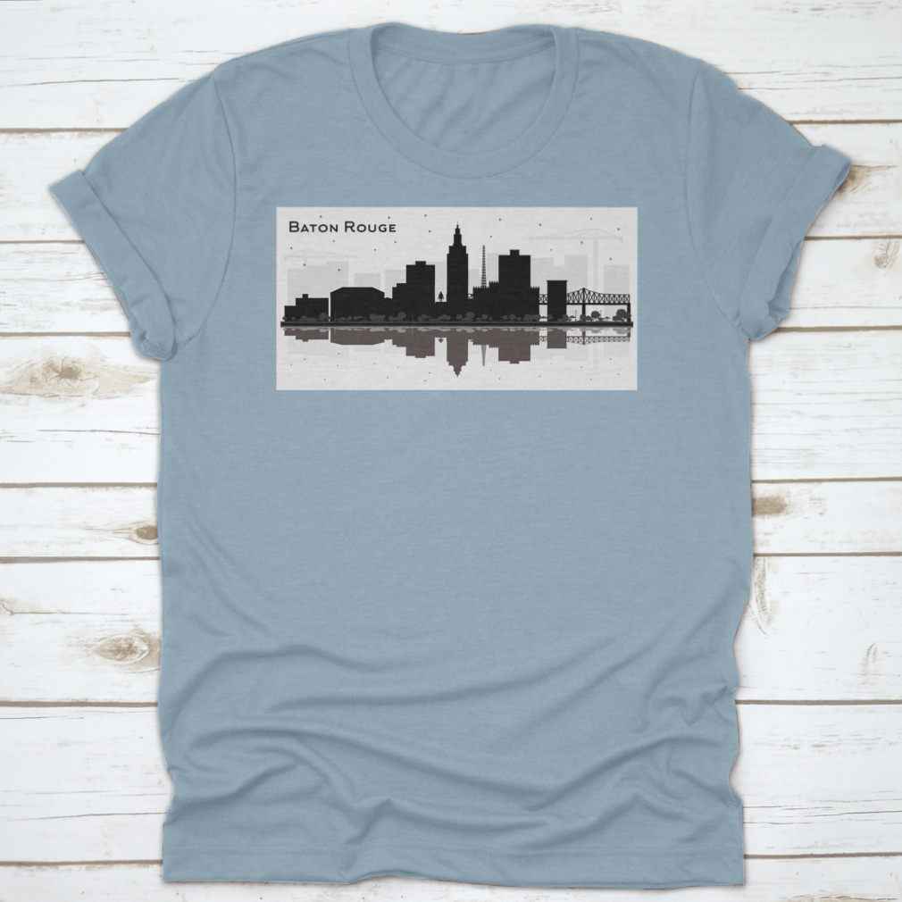 Silhouette design of Baton Rouge city skyline on a cotton t-shirt, showcasing iconic buildings and structures.
