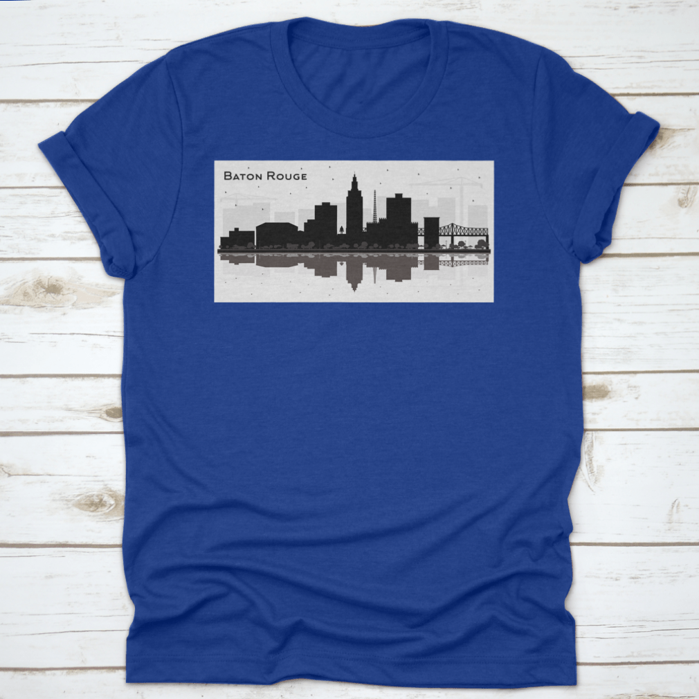 Silhouette design of Baton Rouge city skyline on a cotton t-shirt, showcasing iconic buildings and structures.