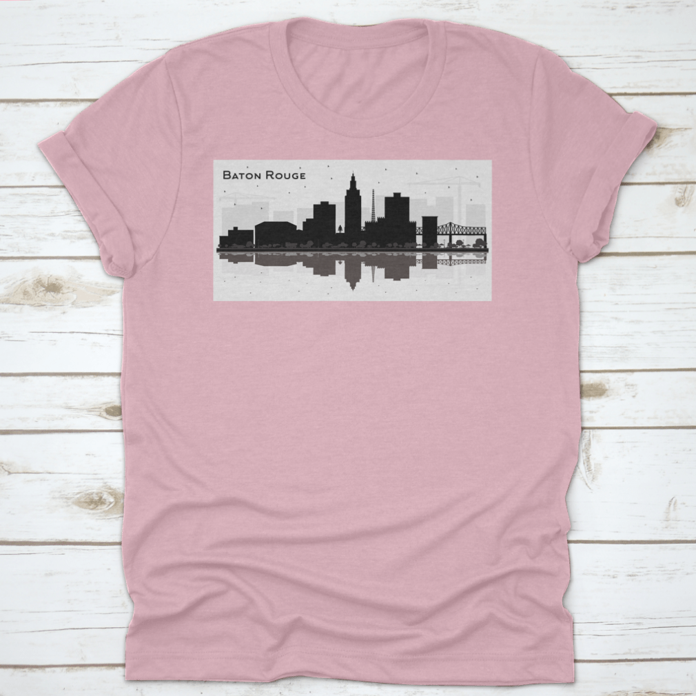 Silhouette design of Baton Rouge city skyline on a cotton t-shirt, showcasing iconic buildings and structures.