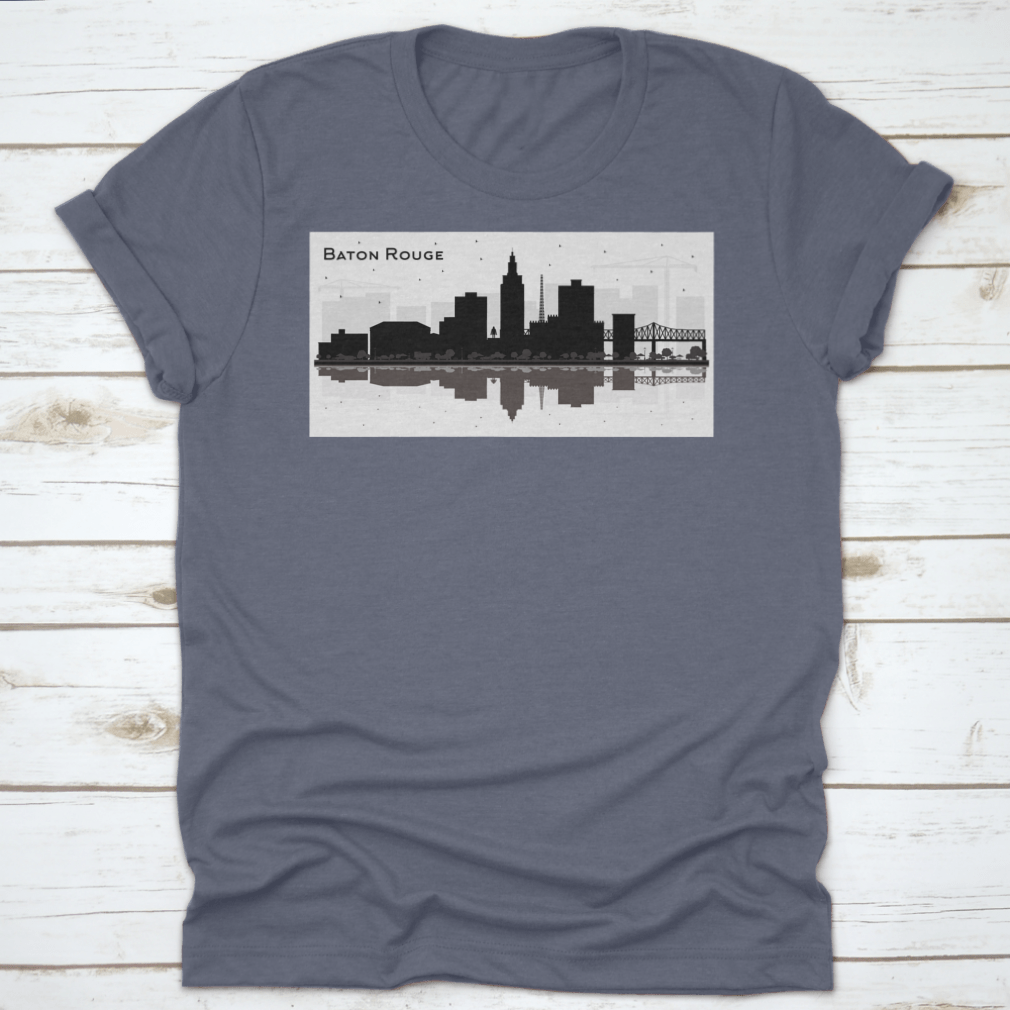 Silhouette design of Baton Rouge city skyline on a cotton t-shirt, showcasing iconic buildings and structures.