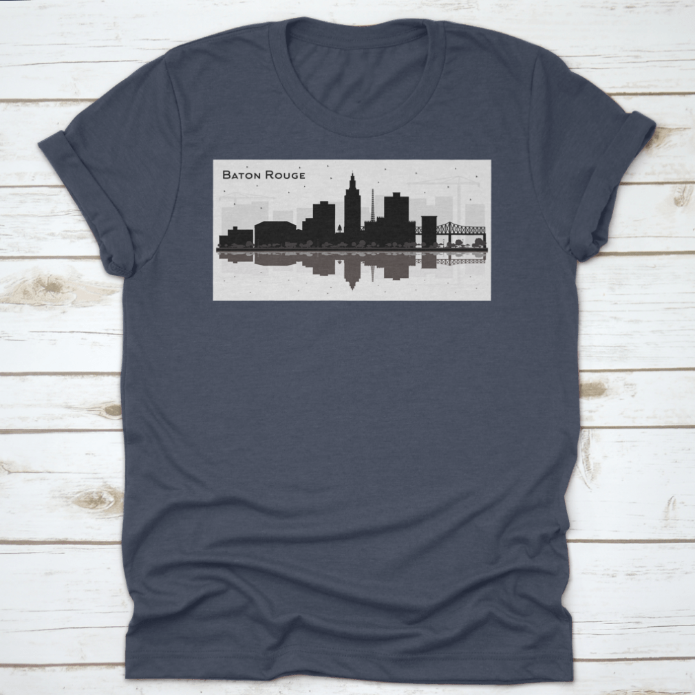 Silhouette design of Baton Rouge city skyline on a cotton t-shirt, showcasing iconic buildings and structures.
