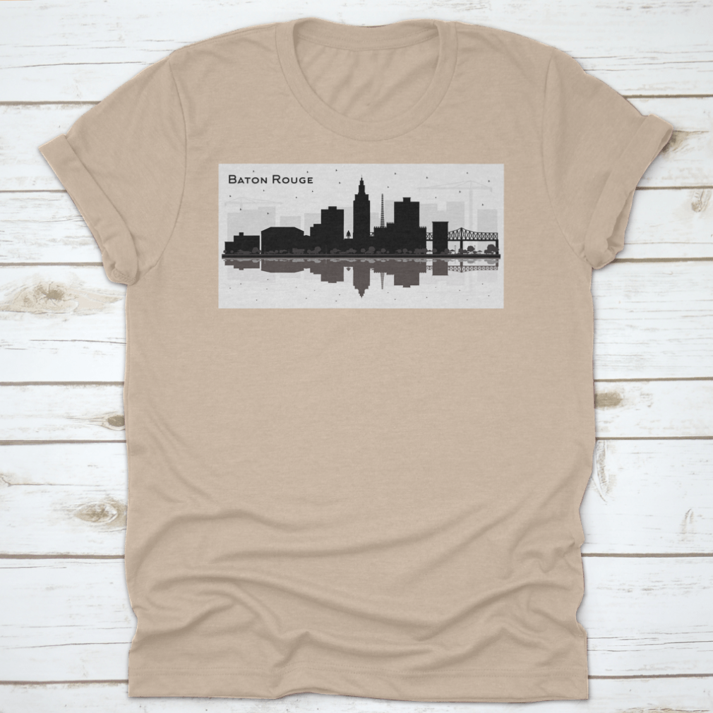Silhouette design of Baton Rouge city skyline on a cotton t-shirt, showcasing iconic buildings and structures.