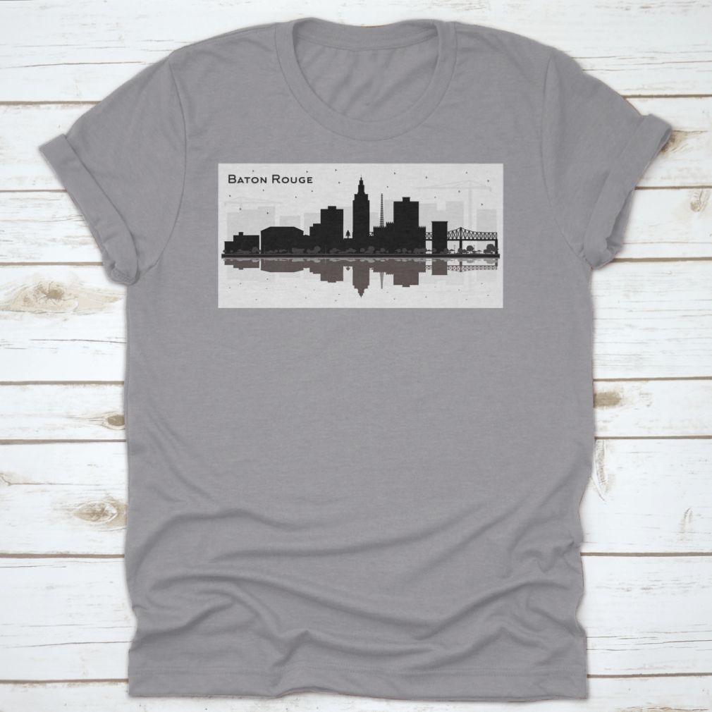 Silhouette design of Baton Rouge city skyline on a cotton t-shirt, showcasing iconic buildings and structures.