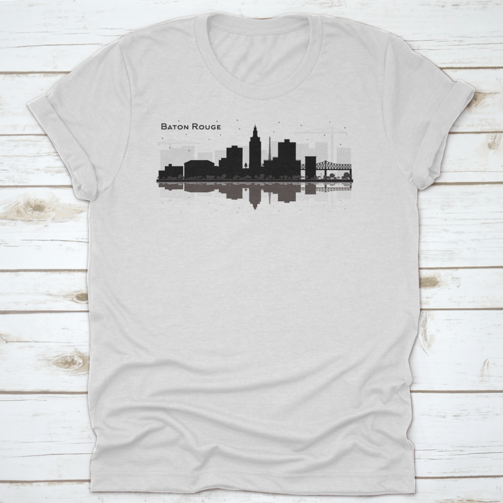 Silhouette design of Baton Rouge city skyline on a cotton t-shirt, showcasing iconic buildings and structures.