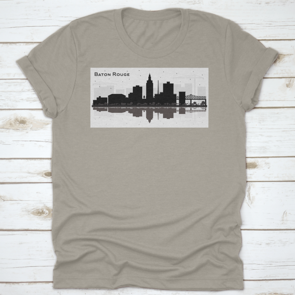 Silhouette design of Baton Rouge city skyline on a cotton t-shirt, showcasing iconic buildings and structures.