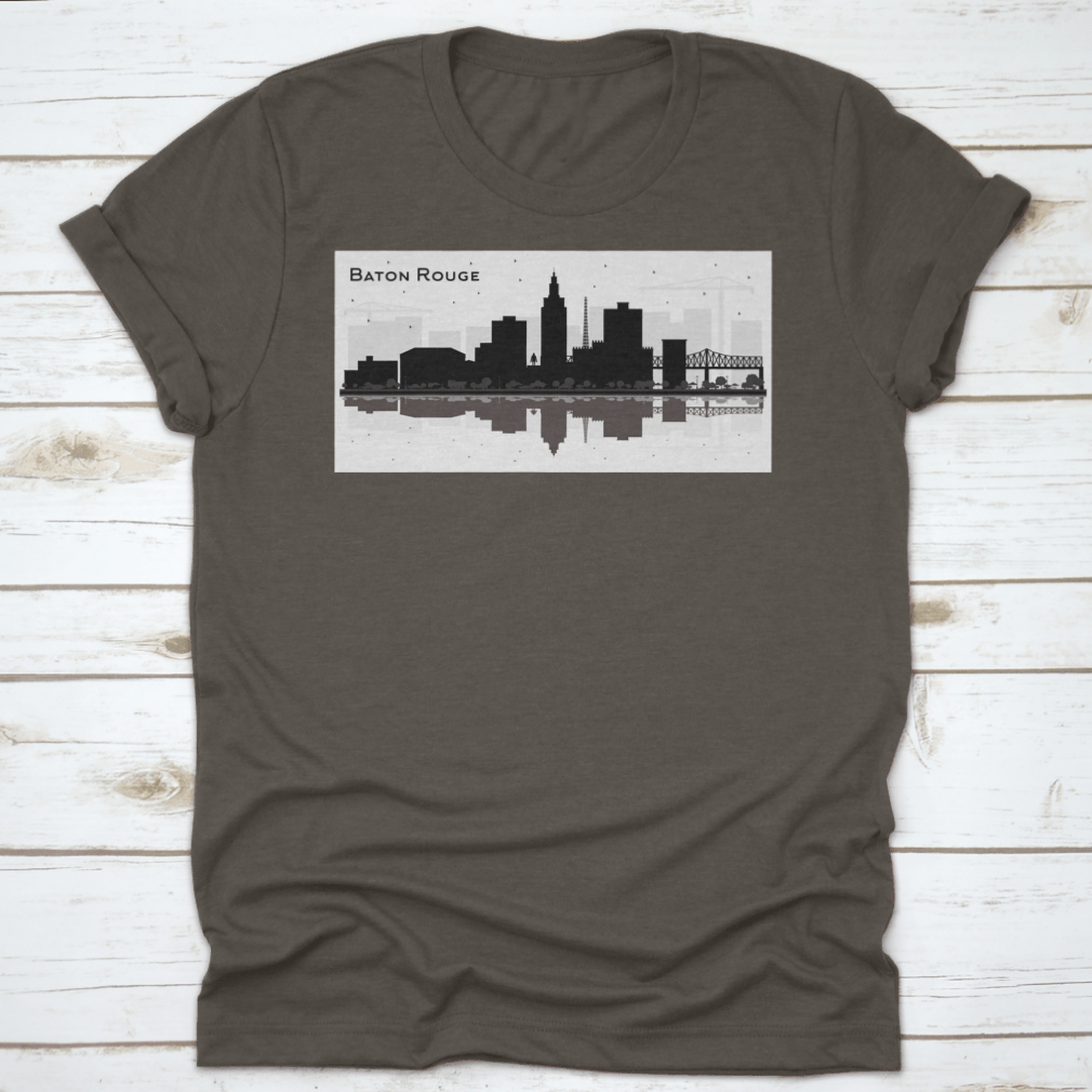 Silhouette design of Baton Rouge city skyline on a cotton t-shirt, showcasing iconic buildings and structures.