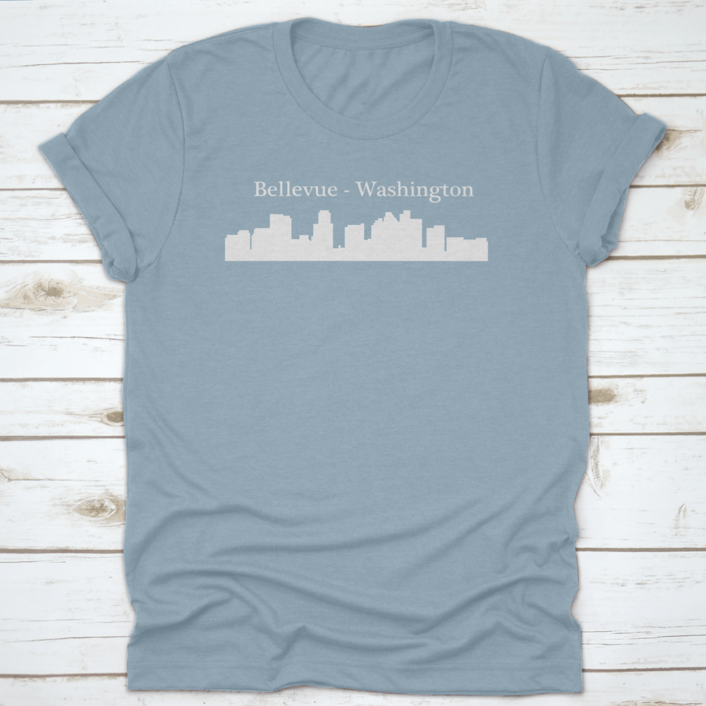 Silhouette illustration of Bellevue, Washington city skyline in white, showcasing iconic buildings against a minimalist background.