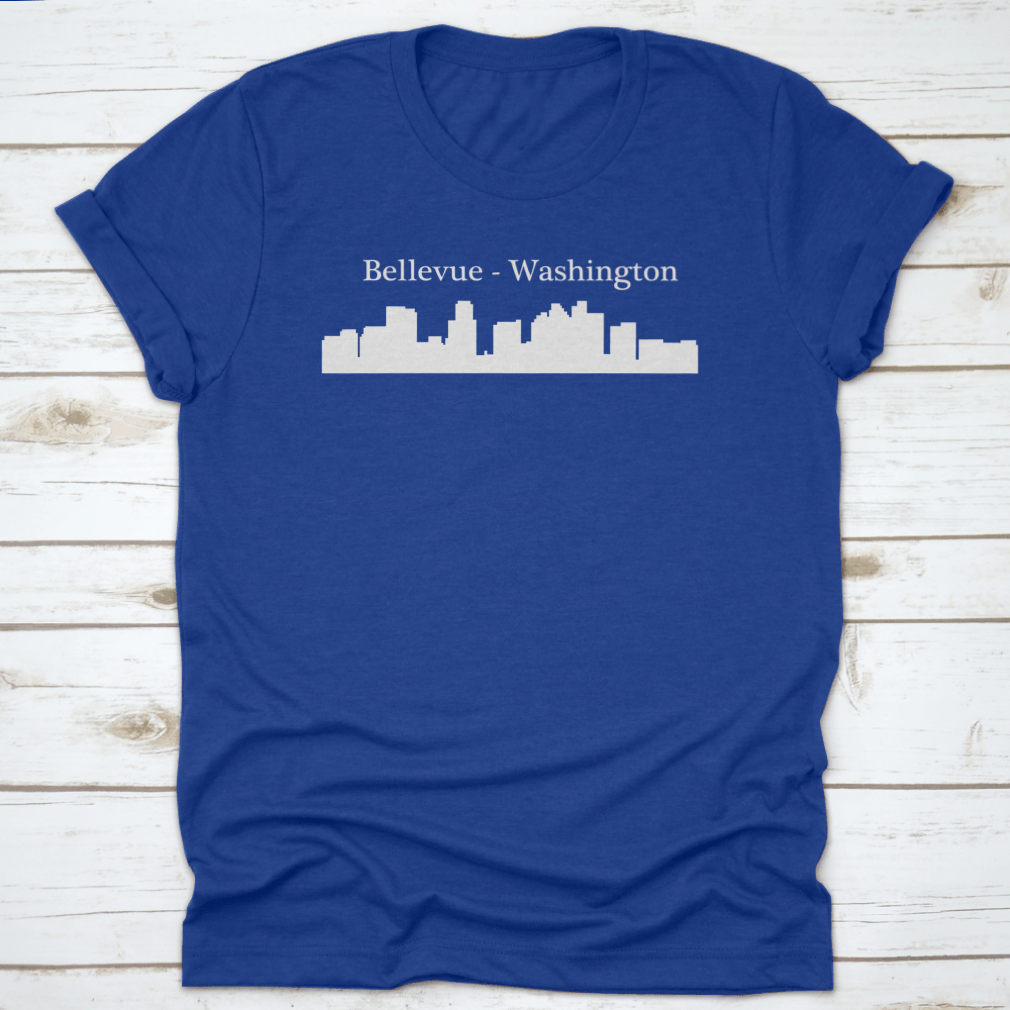 Silhouette illustration of Bellevue, Washington city skyline in white, showcasing iconic buildings against a minimalist background.