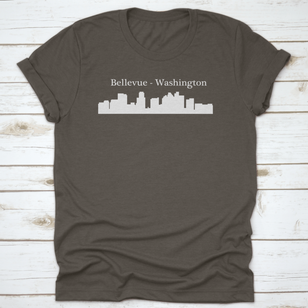 Silhouette illustration of Bellevue, Washington city skyline in white, showcasing iconic buildings against a minimalist background.