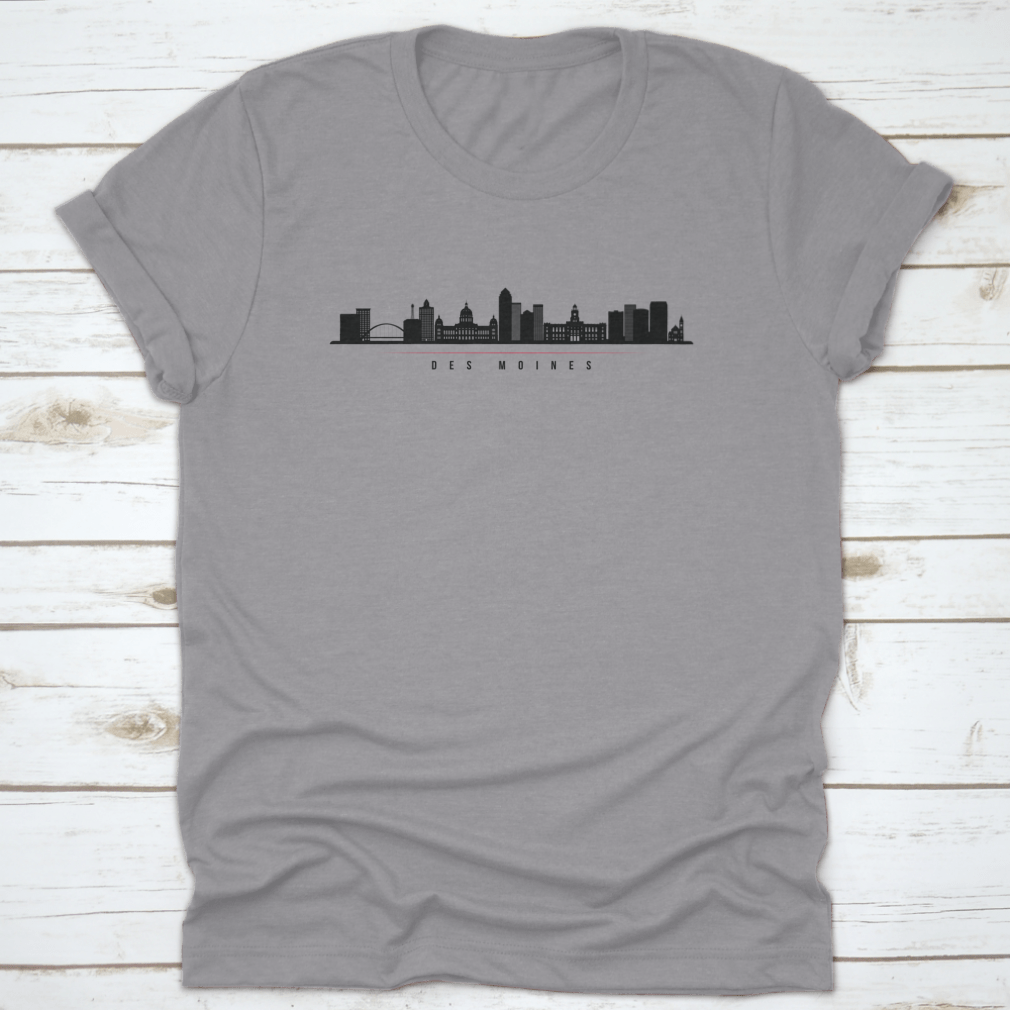 Silhouette illustration of Des Moines City Skyline, Iowa, showcasing iconic buildings against a vibrant background.