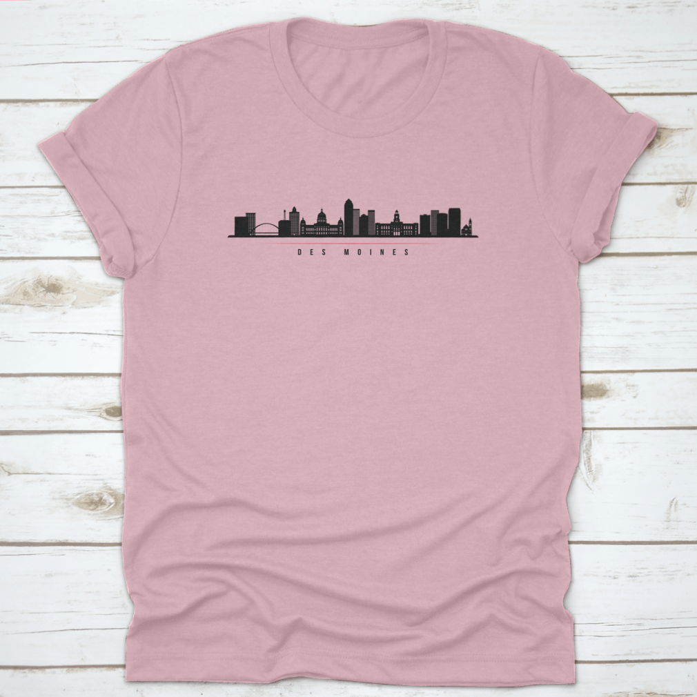 Silhouette illustration of Des Moines City Skyline, Iowa, showcasing iconic buildings against a vibrant background.