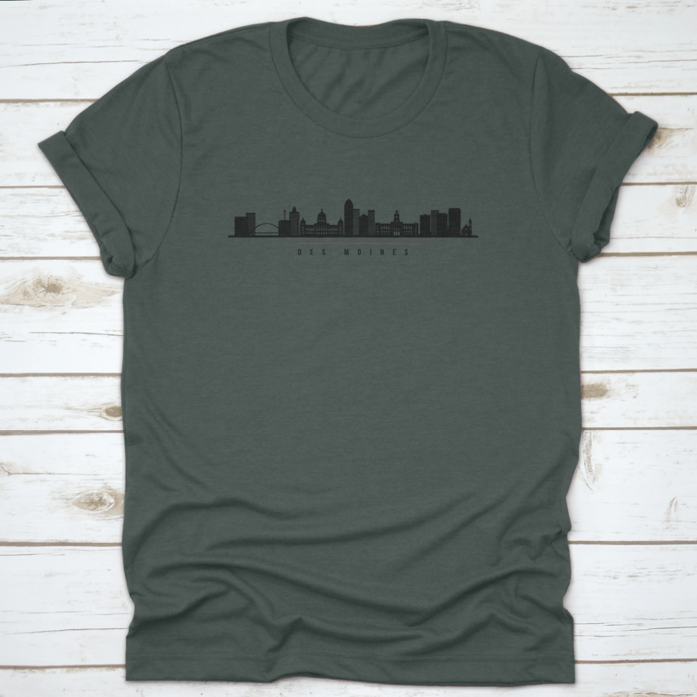 Silhouette illustration of Des Moines City Skyline, Iowa, showcasing iconic buildings against a vibrant background.