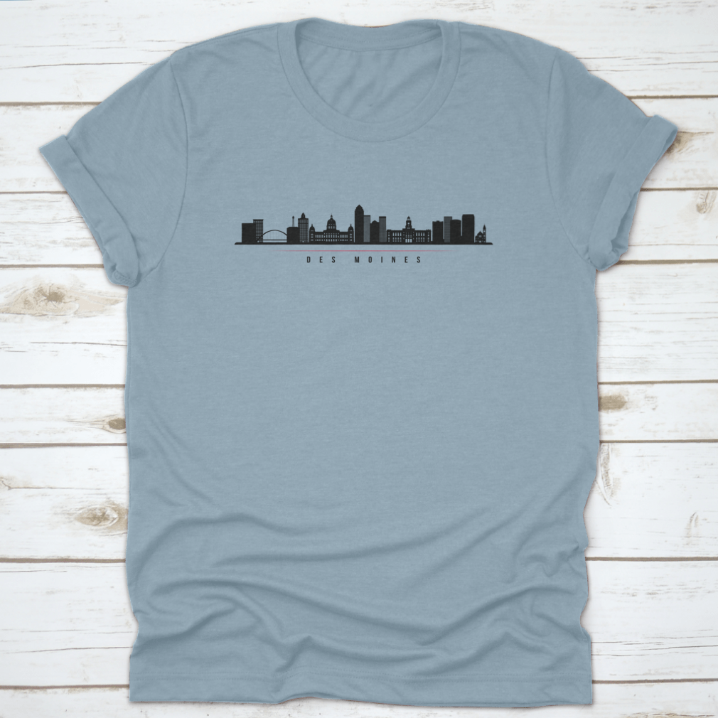 Silhouette illustration of Des Moines City Skyline, Iowa, showcasing iconic buildings against a vibrant background.