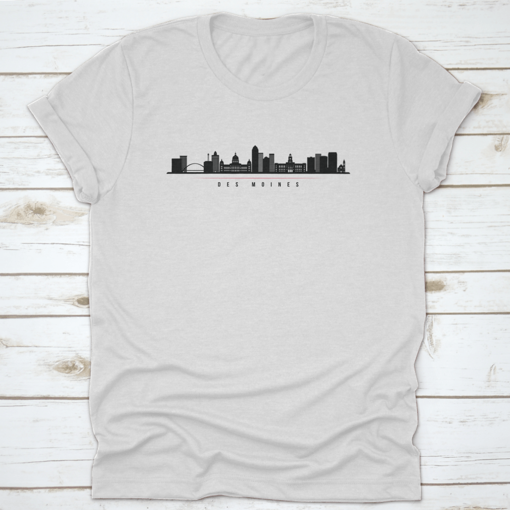 Silhouette illustration of Des Moines City Skyline, Iowa, showcasing iconic buildings against a vibrant background.