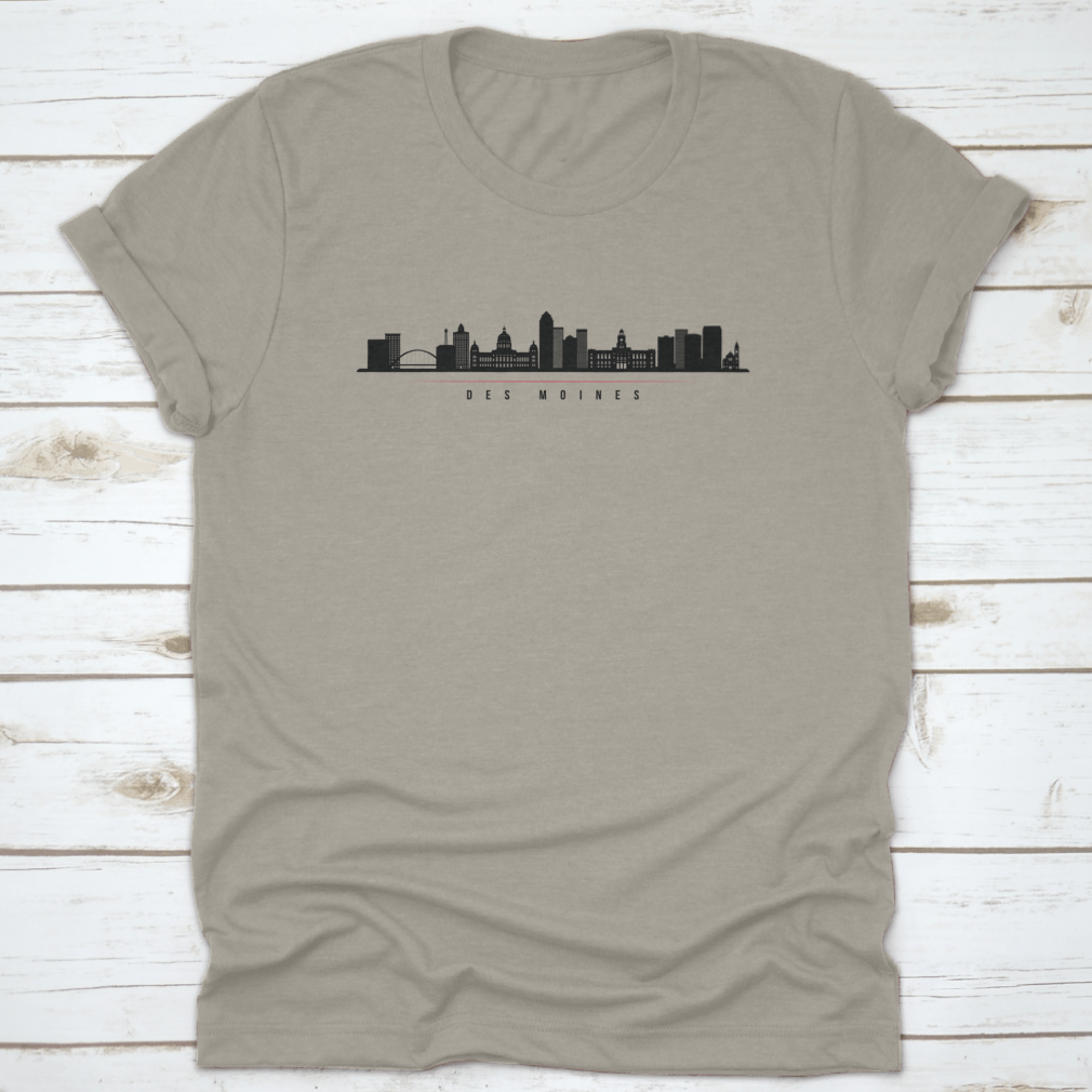 Silhouette illustration of Des Moines City Skyline, Iowa, showcasing iconic buildings against a vibrant background.