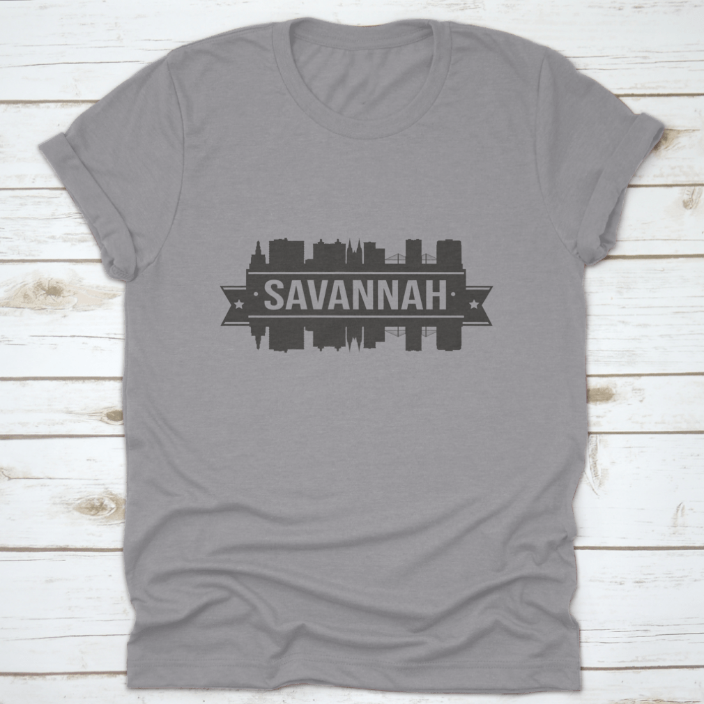Silhouette illustration of Savannah City skyline featuring iconic monuments and buildings, showcasing the beauty of Georgia.