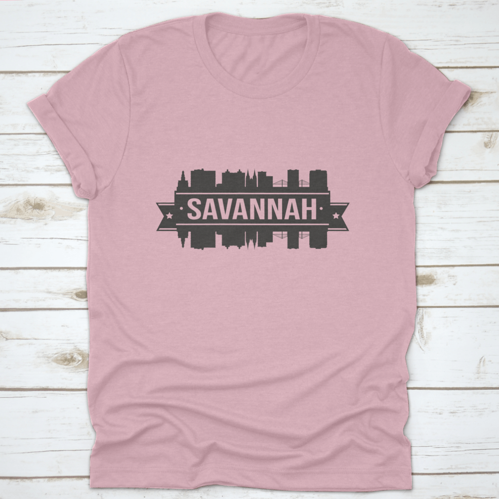 Silhouette illustration of Savannah City skyline featuring iconic monuments and buildings, showcasing the beauty of Georgia.