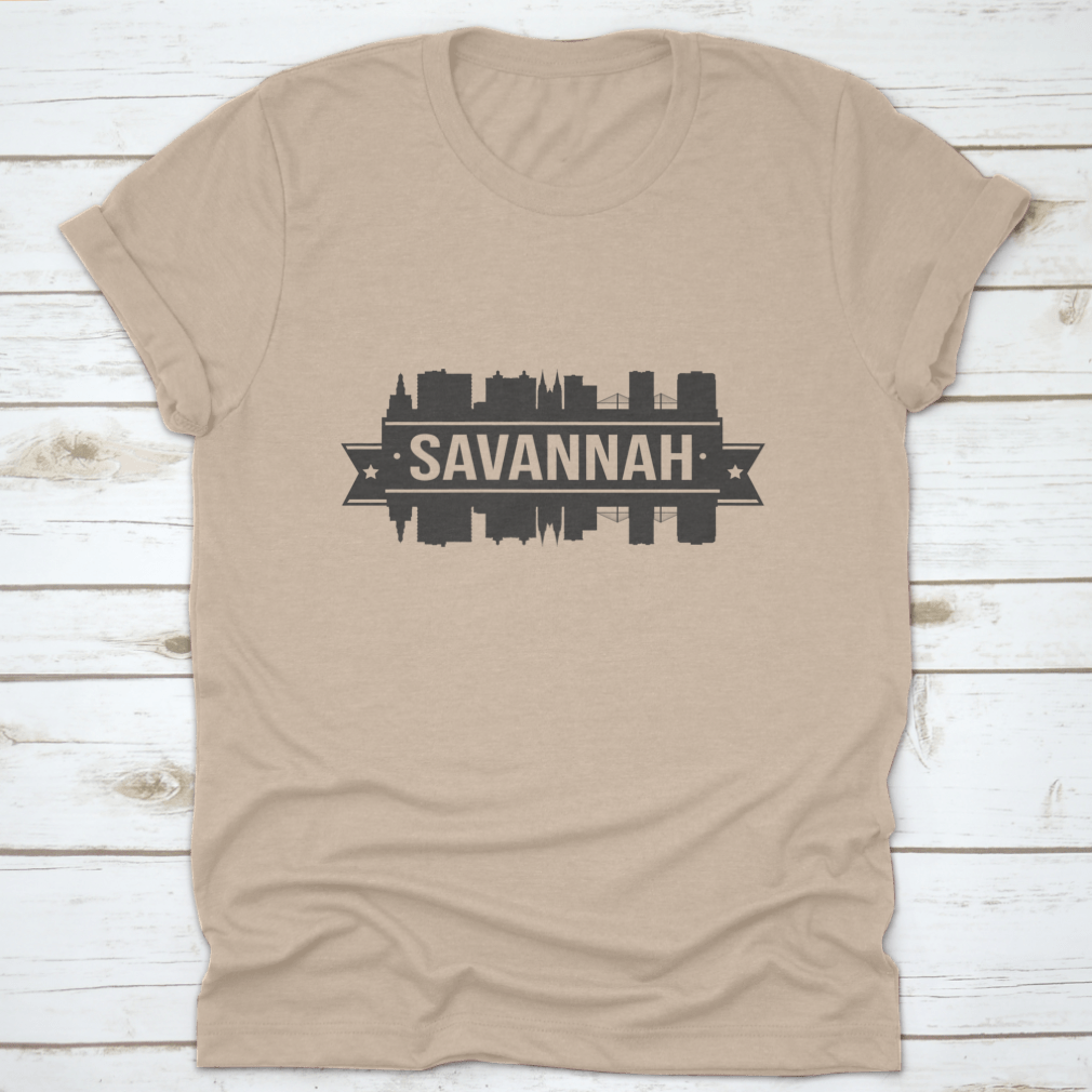 Silhouette illustration of Savannah City skyline featuring iconic monuments and buildings, showcasing the beauty of Georgia.