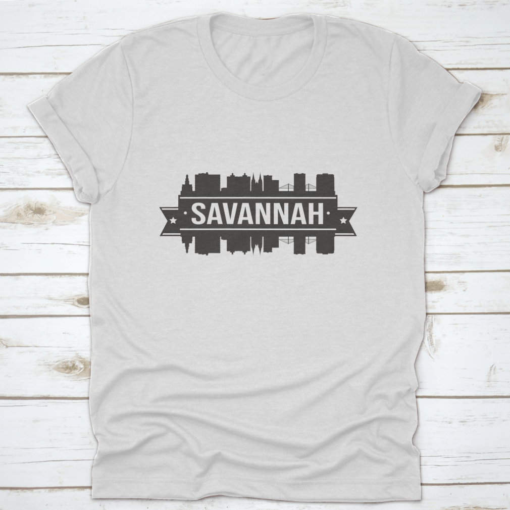 Silhouette illustration of Savannah City skyline featuring iconic monuments and buildings, showcasing the beauty of Georgia.